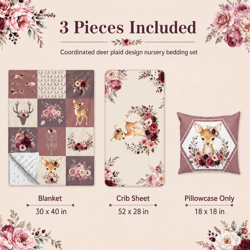 Baby Crib Bedding Set 3 Pcs - Patchwork Deer Crib Bedding Set for Girls - Floral Plaid Nursery Bed Sets Include Soft