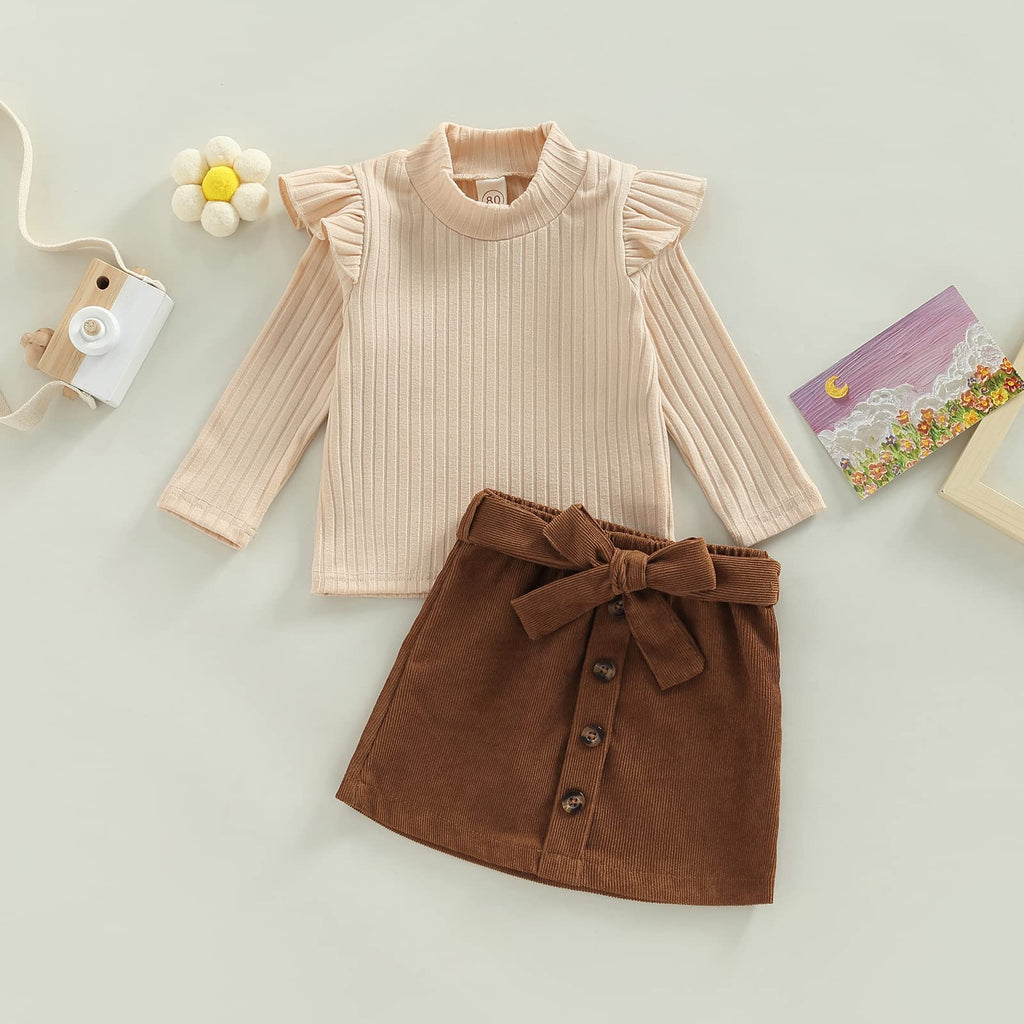 Toddler Baby Girl Fall Winter Skirt Set Turtleneck Ribbed Long Sleeve T-Shirt Top & Plaid Skirts Dress 2Pcs Outfits