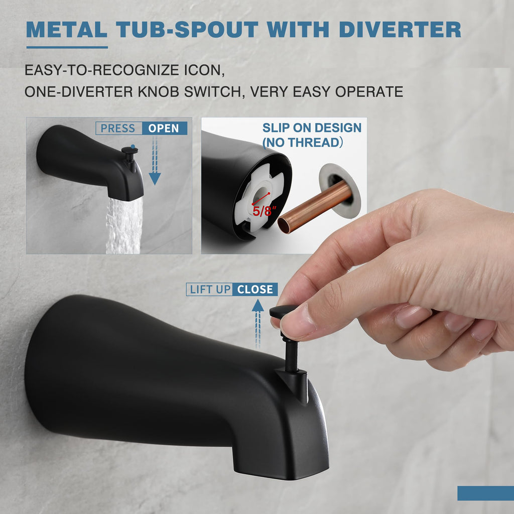 Matte Black Tub Shower Faucet Set, 6" Rain Head with Valve Included