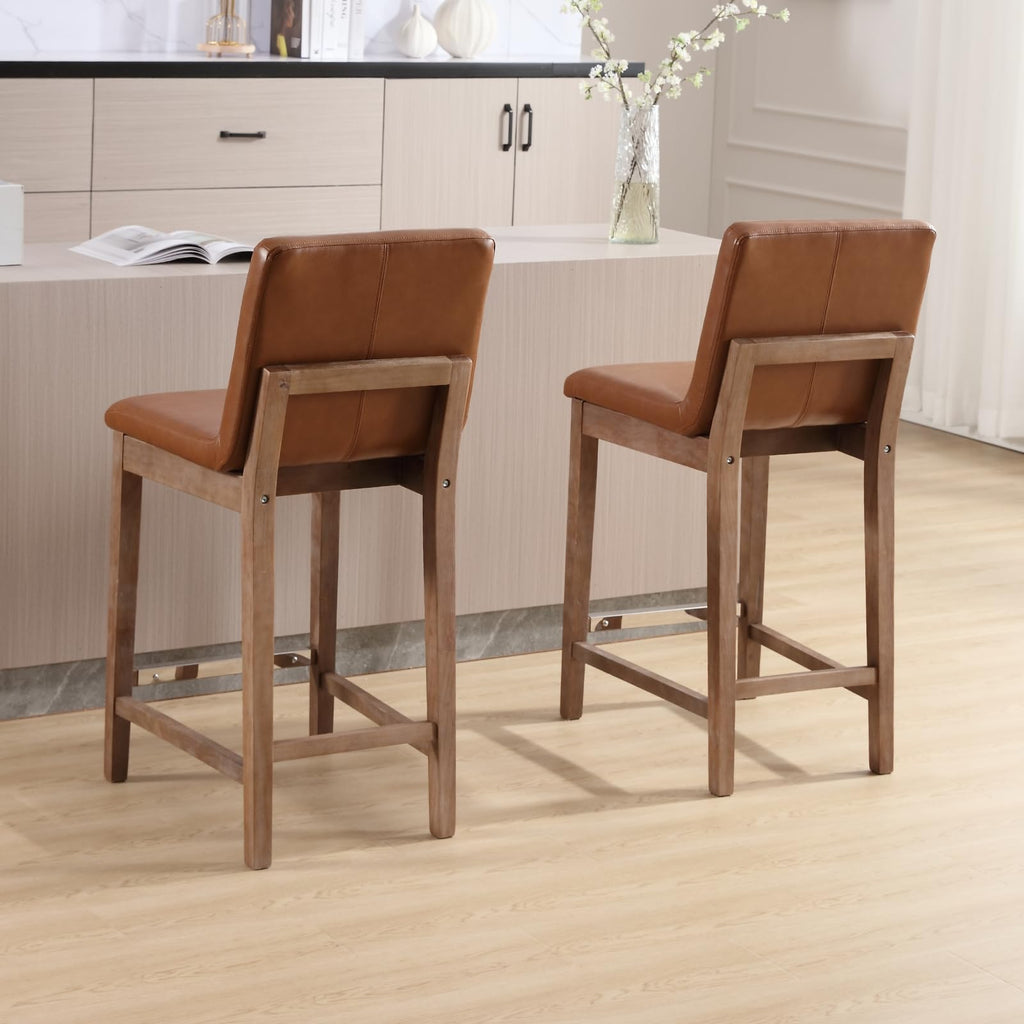 Counter Height Bar Stools Set of 6 Faux Leather Upholstered Kitchen Island Stools with Back and Distressed Wood Legs