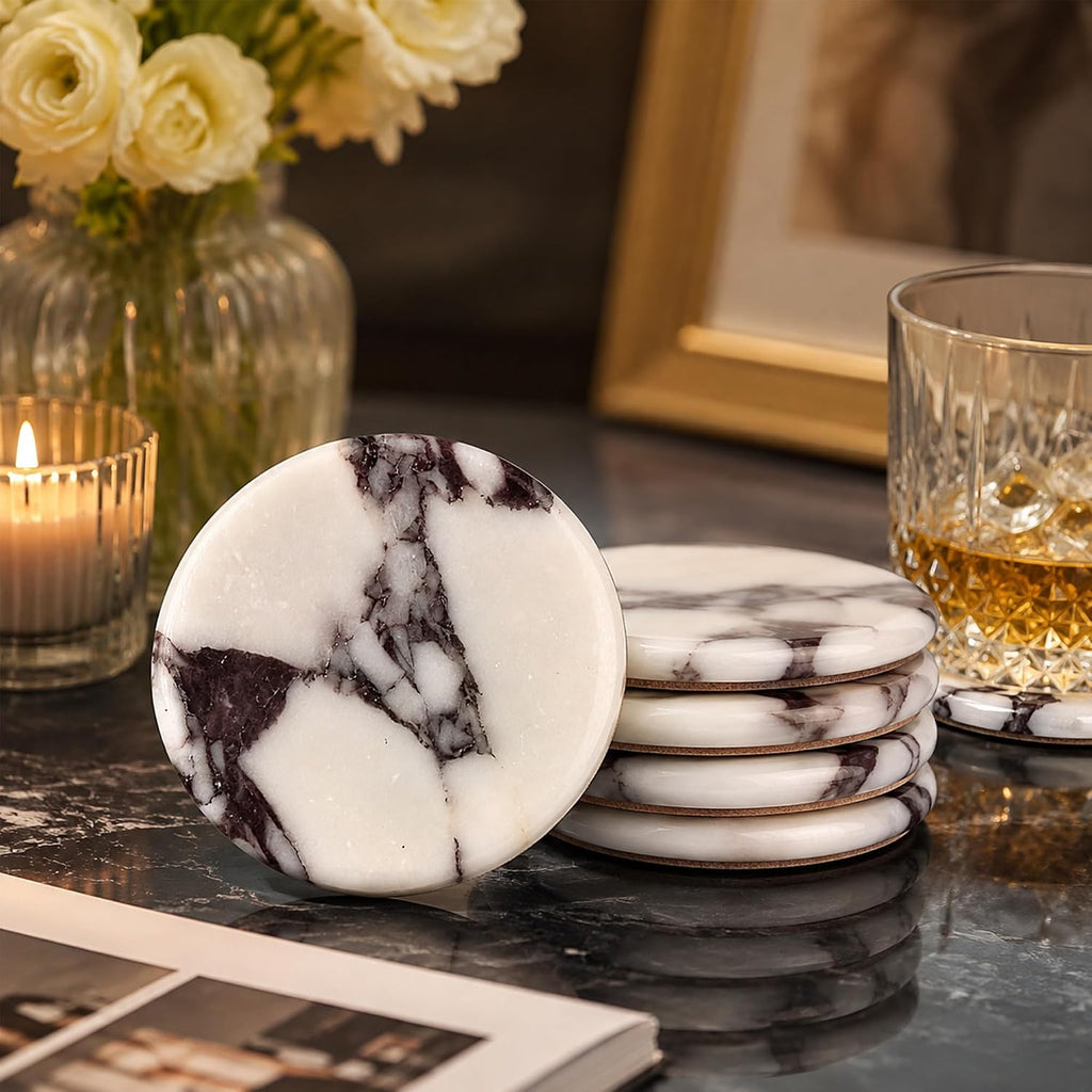 Coasters Natural Travertine Marble Coasters for Drinks Absorbent Stone with Holder Style Ceramic Drink - Set of 4