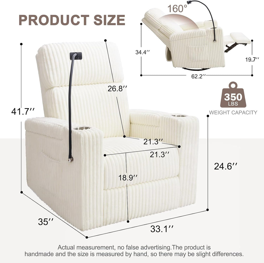 Power Recliner Rocking Chair Nursery, Swivel Glider, White | Premium Corduroy Rocker with USB-A & USB-C Ports, Arm