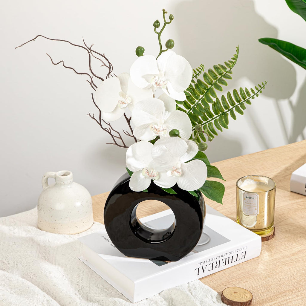16.1" Orchid Artificial Flowers in Black Ceramic Vase, White