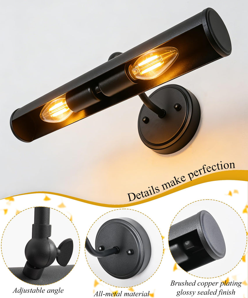 Hardwired Picture Lights for Wall,15 Inch Black Vintage Picture Sconce,E12 Base,330° Rotatable,2-Light Gallery Art