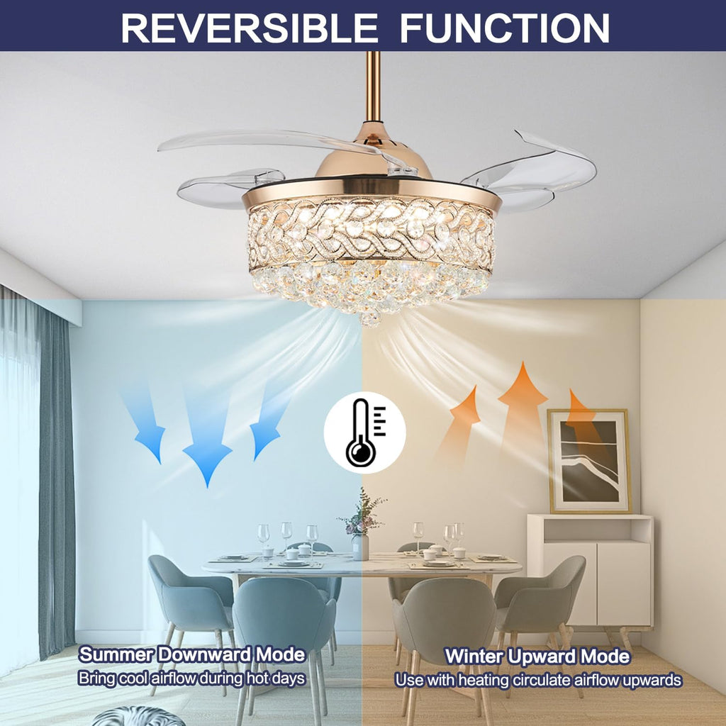 48" Modern Gold Fandelier,Dimmable Crystal Ceiling Fan with Light and Remote, Chandelier Ceiling Fans with Invisible