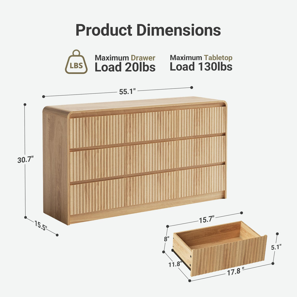 9 Drawer Dresser, 55" Wide Wooden Dresser Chest of Drawers, Curved Anti-Collision & Anti-Tipping Design, Mid Century