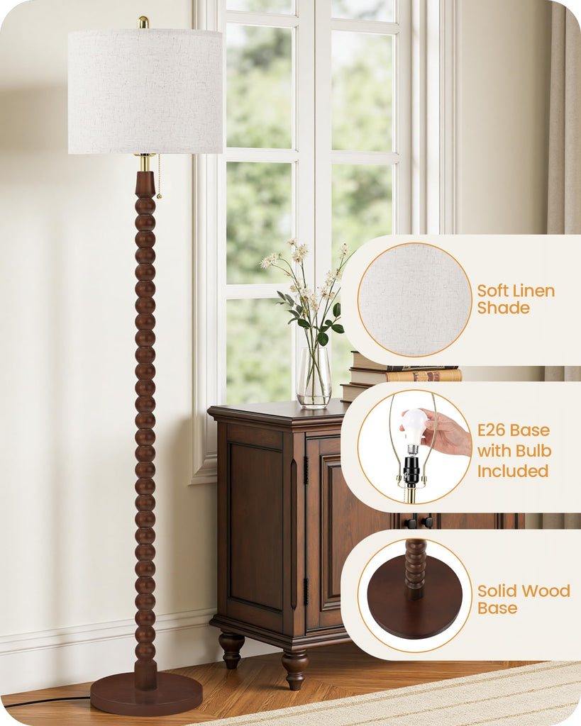 65" Spindle Wood Floor Lamp with Pull Chain, 3CCT, Beaded floor lamp, Walnut