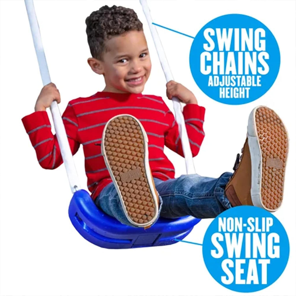 Titan II Safe-Arch Swing Set for Backyard, Silver, Blue & Green - Includes Seesaw, 2 Swing Seats, Stand R, Air