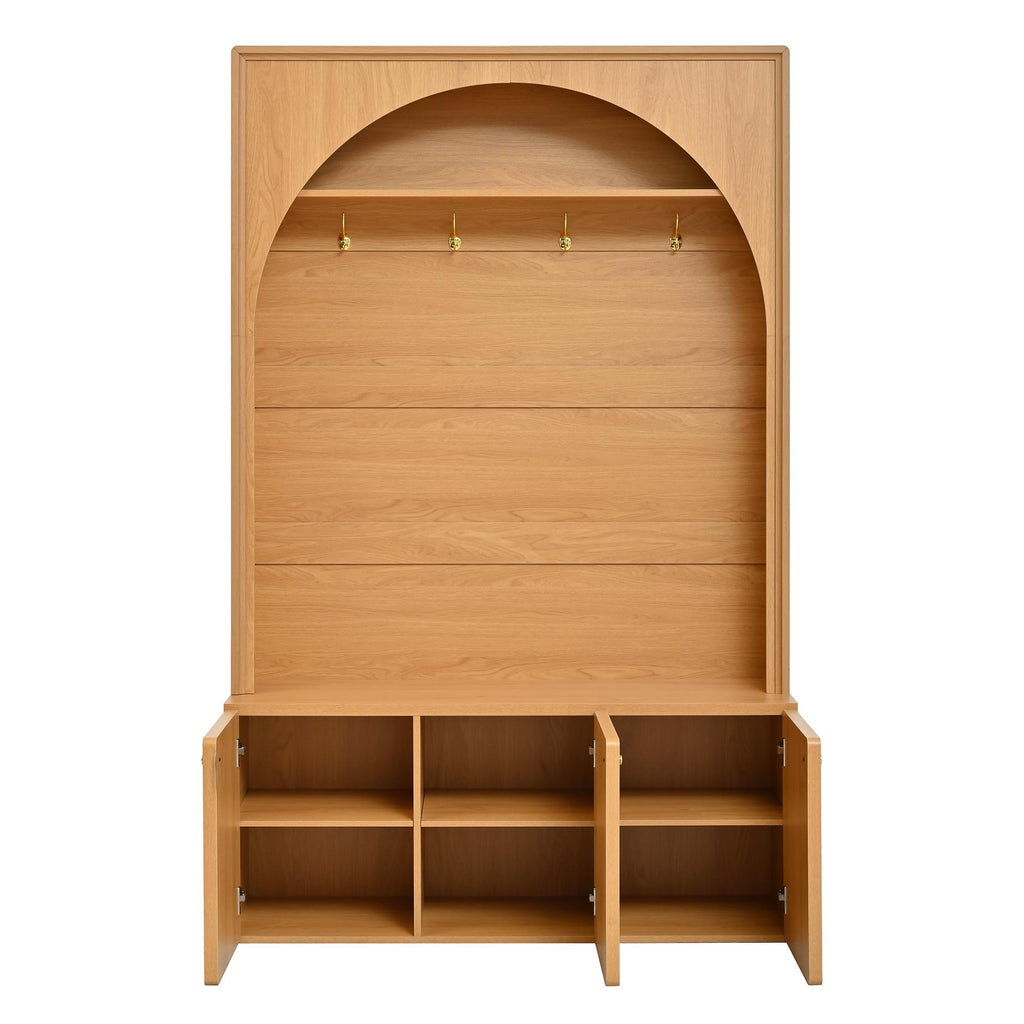 Farmhouse Hall Tree with Storage Bench, 48.7" Arched Entryway Coat Rack Organizer with 4 Metal Hooks, 3 Cabinets