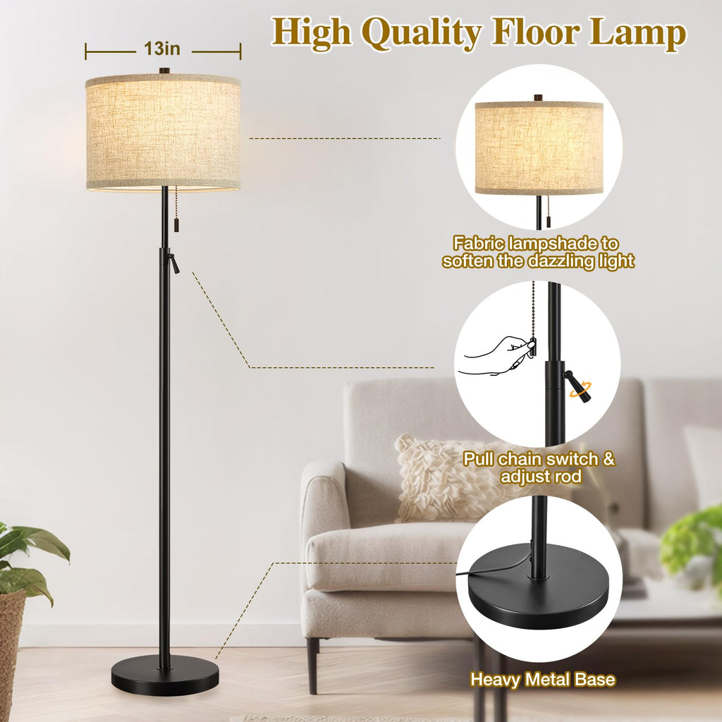 Black Floor Lamp, Height Adjustable Standing Lamp Tall Lamp with Fabric Lampshade&Pull Chain Corner Floor Lamps Bulbs