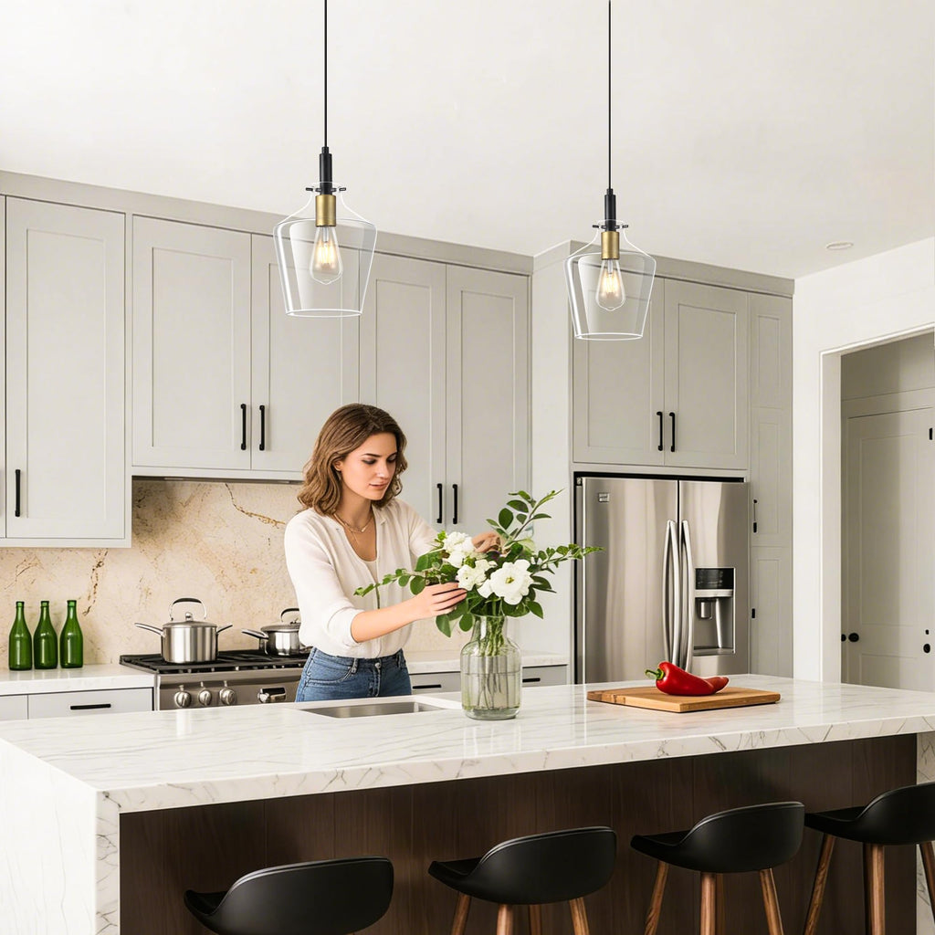 Modern Pendant Light Fixture Island, Farmhouse Black and Gold Brushed Brass Adjustable Hanging Light With Clear
