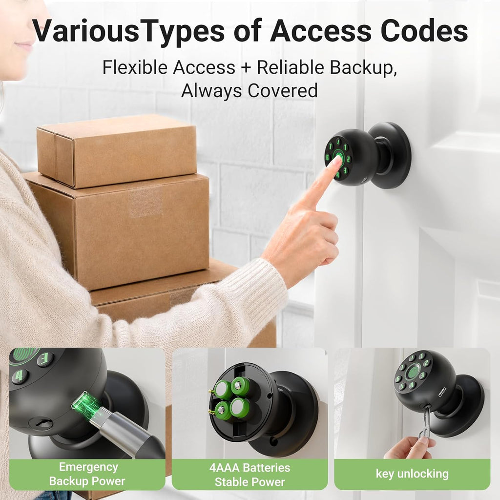 Smart Fingerprint Door Knob , Biometric Door Lock with Code & Key, Auto-Locking Thumbprint Door Knob for Interior