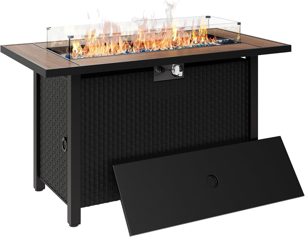 45 inch Propane Fire Pit Table, 50,000 BTU Outdoor Gas Fire Pit Table with Lid, Glass Wind Guard, Waterproof Cover, Rectangle Gas Firepit Table for