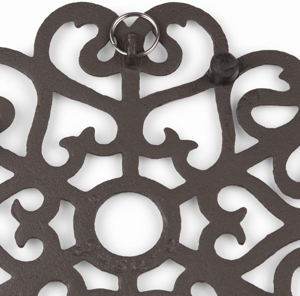 Cast Iron Trivet for Hot Dishes, Pots, and Pans, Metal Trivet, Victorian Design, Rubber Feet Caps, Ring Hanger, 8