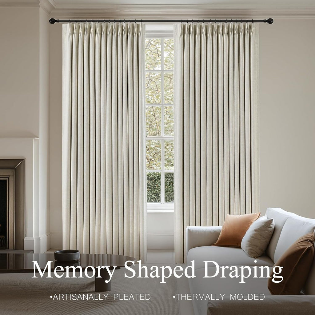 Pinch Pleated Curtains 100% Blackout Linen Curtains 95 Inches Long for Bedroom Living Room, Natural Memory Trained