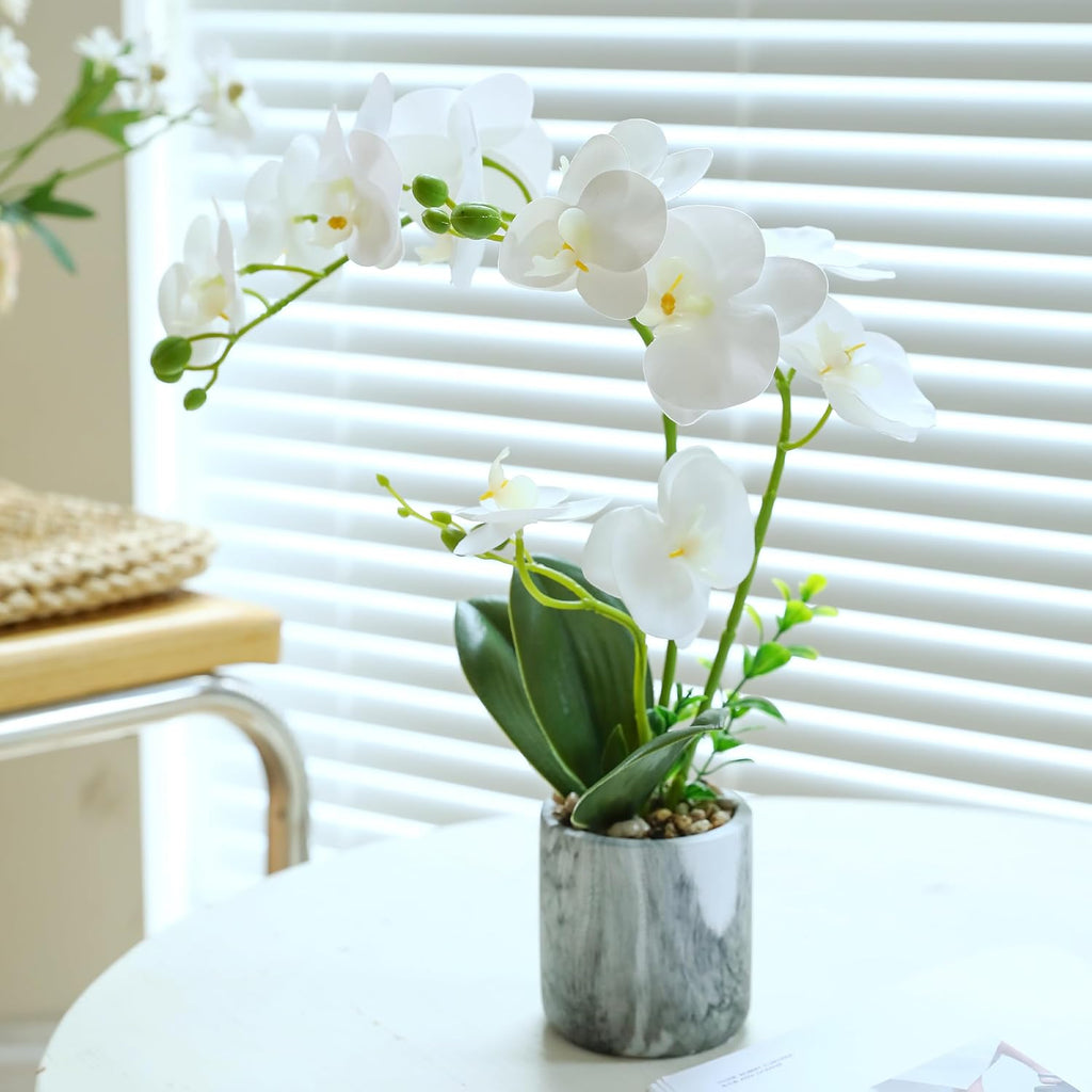 White Fake Orchids Flowers in Pot Bendable Faux Orchids Artificial Flowers Washable Silk Orchid Phalaenopsis Decor