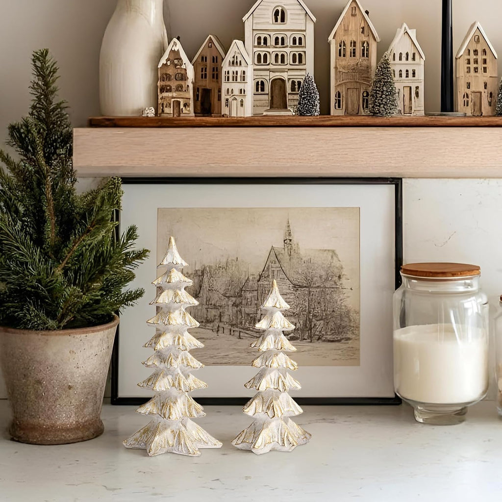 White and Gold Christmas Tree Figurines, Tabletop Decor