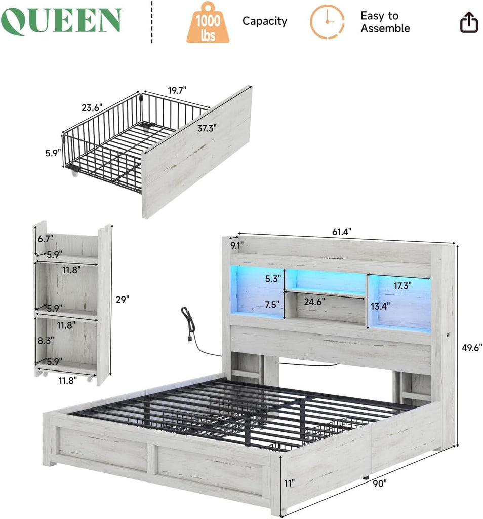 Queen Bed Frame with 4 Storage Drawer, LED Bed Frame with 49.6" Tall Bookcase Headboard, Wood Platform Bed with