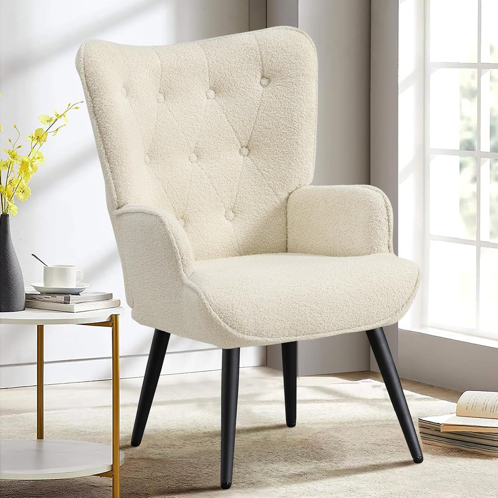Boucle Accent Chair , Upholstered Reading Chair with High Backrest, Tufted-Button Wingback Armchair , Dressing Room