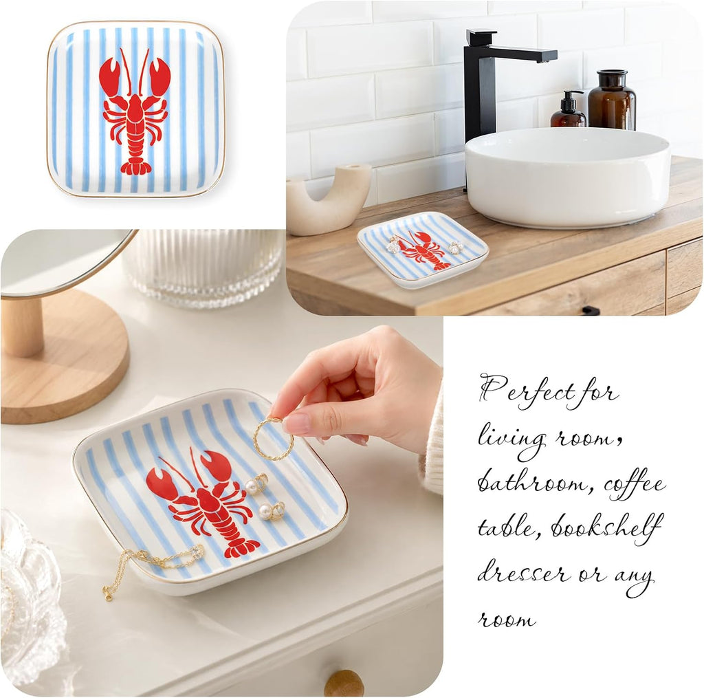 Crawfish Square Ring Dish Summer Crayfish Stripe Ceramic Jewelry Tray Watercolor Red Blue Lobster Trinket Dish