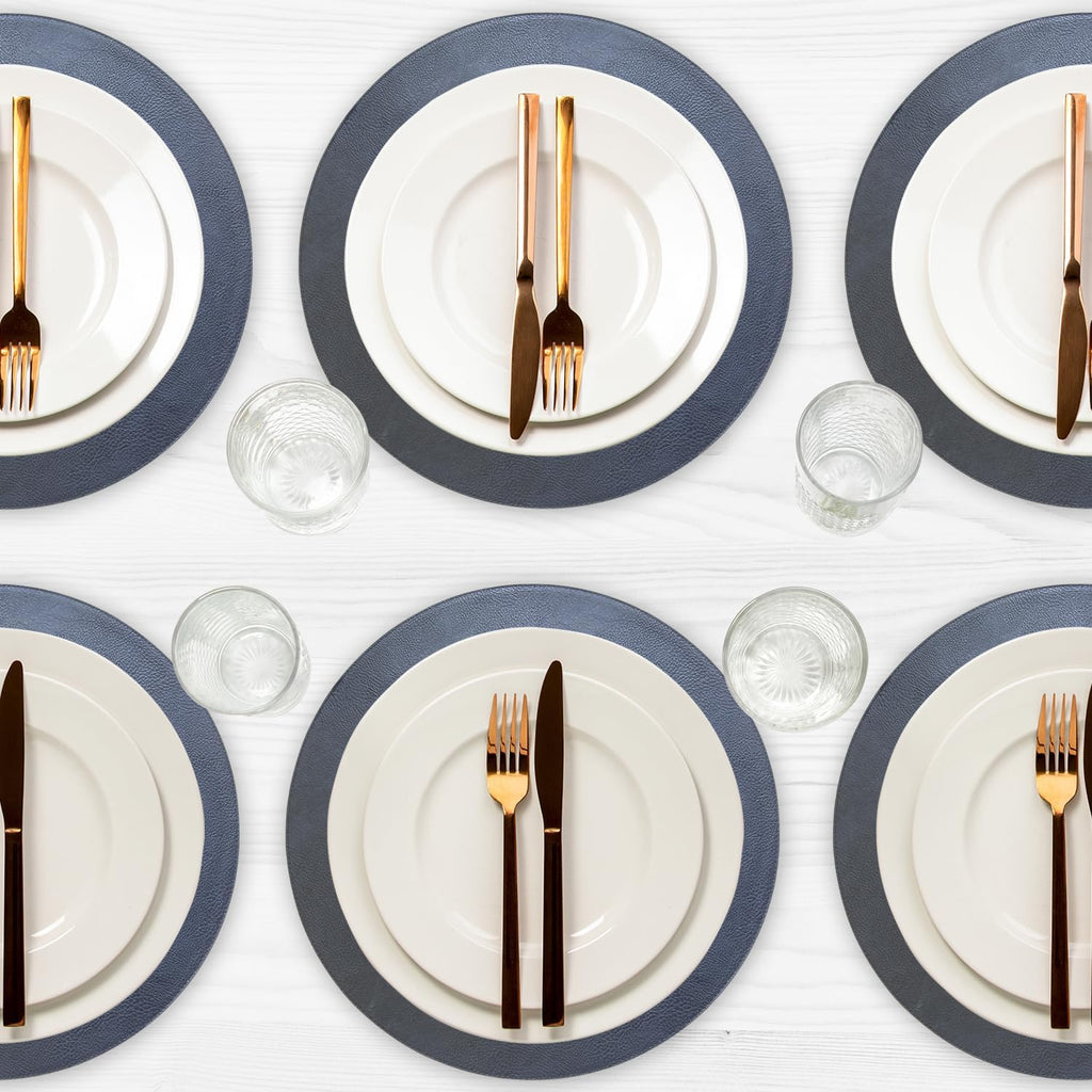Placemats - Round 15" Faux Leather Table Mats for Dining, Heat Resistant & Non-Slip Washable Table Decor - Set of 6