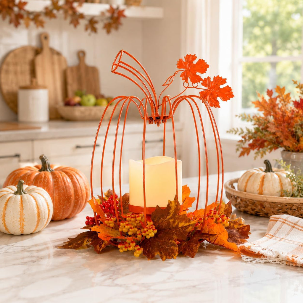 Thanksgiving Decorations,Fall Pumpkin Lanterns Decorative Indoor & Outdoor,Orange Wrought Iron Pumpkin Shape Tealight