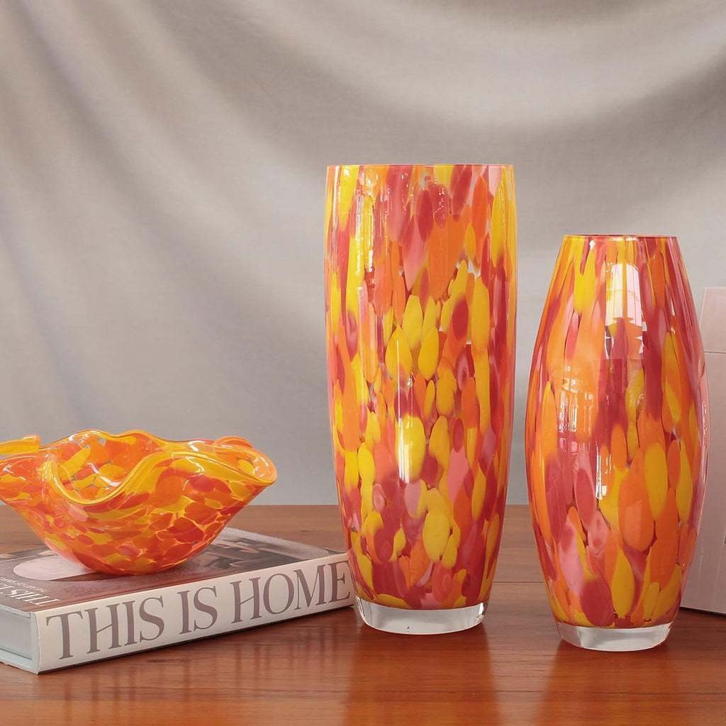 Murano Style Art Glass Vase Hand Blown Orange Confetti Effect Home Decor | Hand Blown Glass Vase, Decorative Table