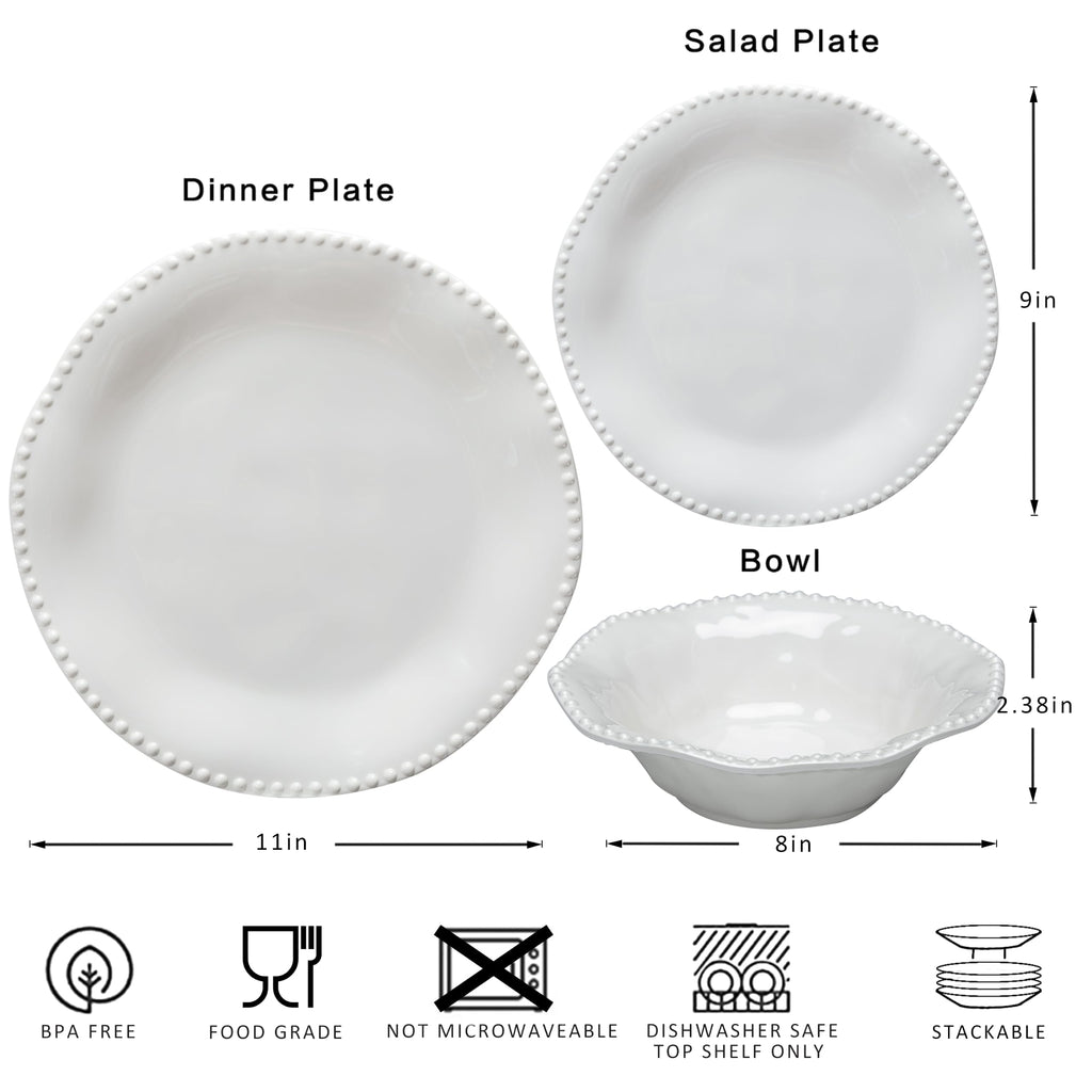 Perlette Off-White Beaded 12-Piece Dinnerware Set, Melamine Dining Dish Set