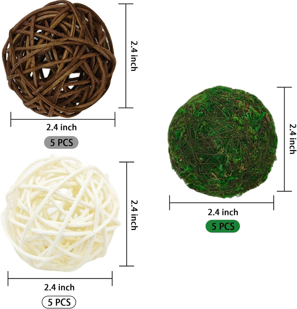 Decorative Balls for Vase Centerpiece Bowls Orbs Filler Table Decor, 2.4 in Wicker Rattan Balls and Moss Balls - Set of 15