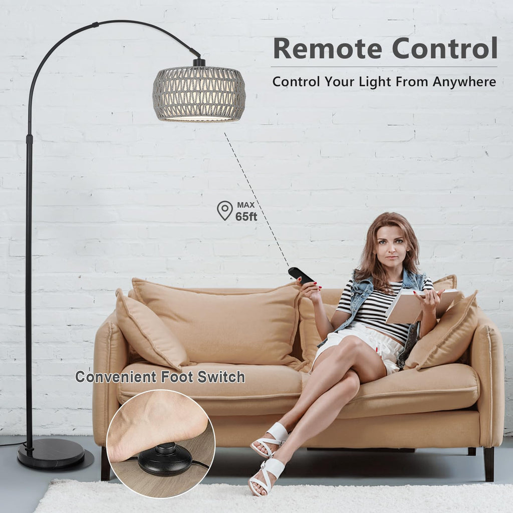 Arc Standing Lamp, Boho Floor Lamps with Remote and LED Dimming Bulb, Rattan Tall Lamp with 3 Color Temperatures