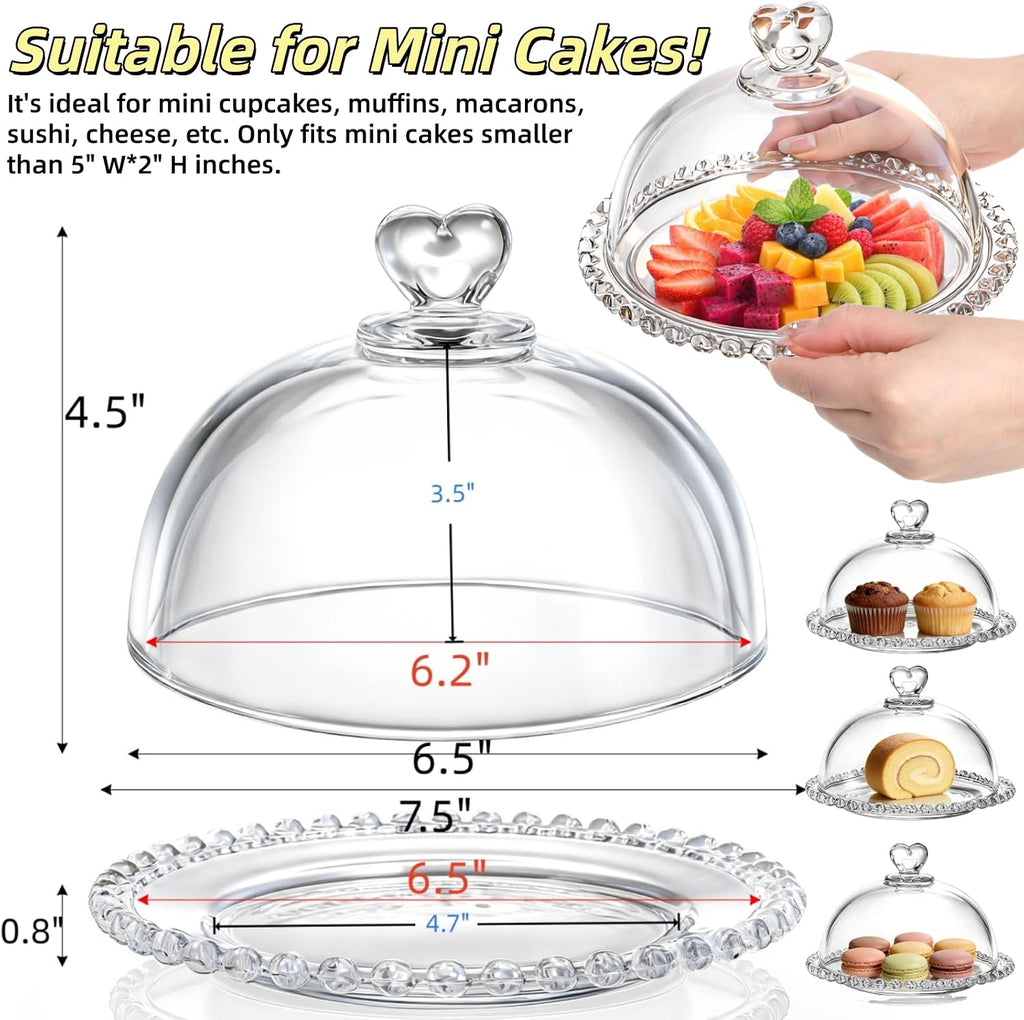 7" Clear Glass Cake Plate with Lid, Mini Crystal Cake Stand with Cloche Dome Cover, Dessert Cheese Serving Platter