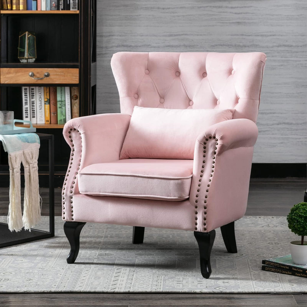 Mid-Century Modern Accent Chair Comfy Tufted Single Sofa Chair Wingback Armchair with Pillow for Club, Living Room