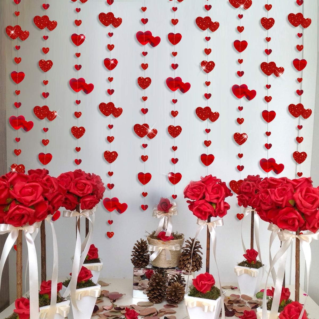52Ft Valentines Day Party Decorations Red Heart Garland Metallic Glitter Hanging Heart Streamer Banner - Set of 4