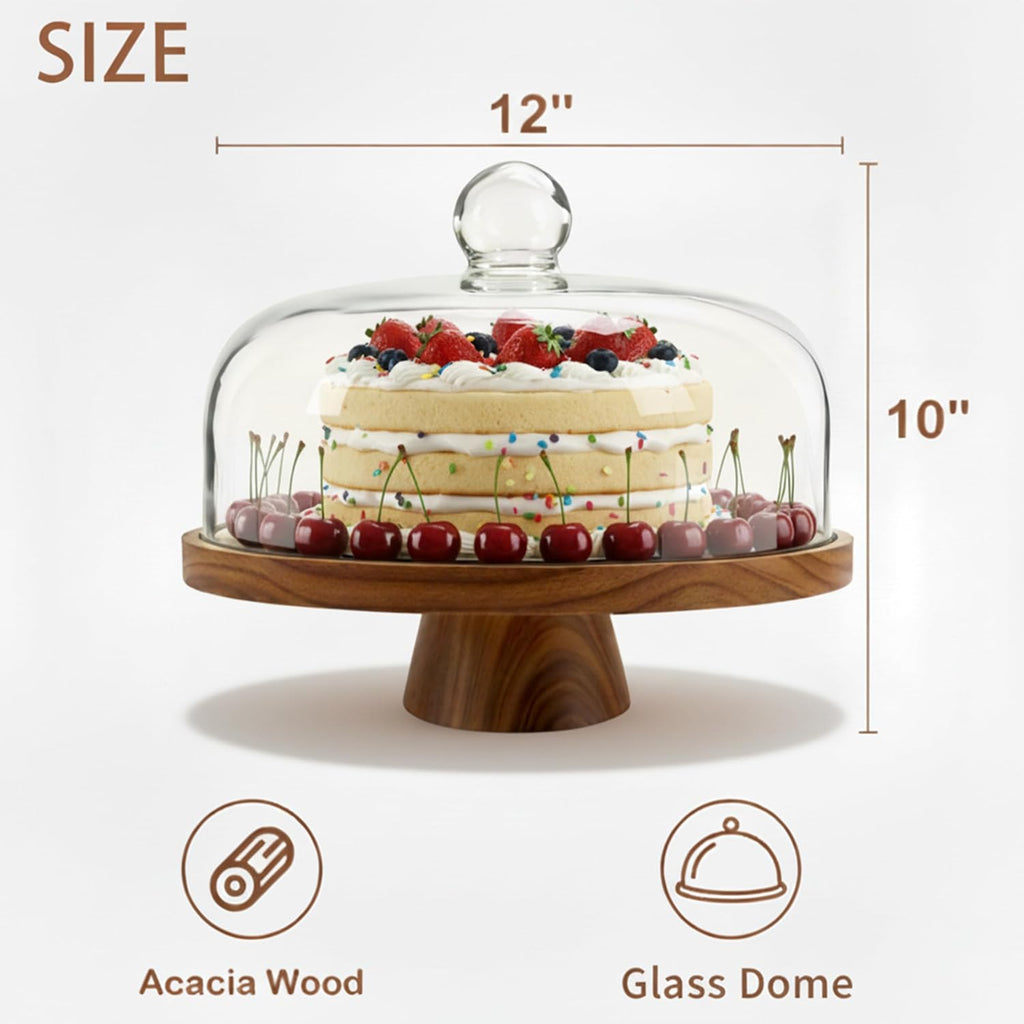 Acacia Wood Cake Stand with Scratch-Resistant Glass Dome Lid - 12-Inch Round Cake Holder with Screw-Type Base, Wooden