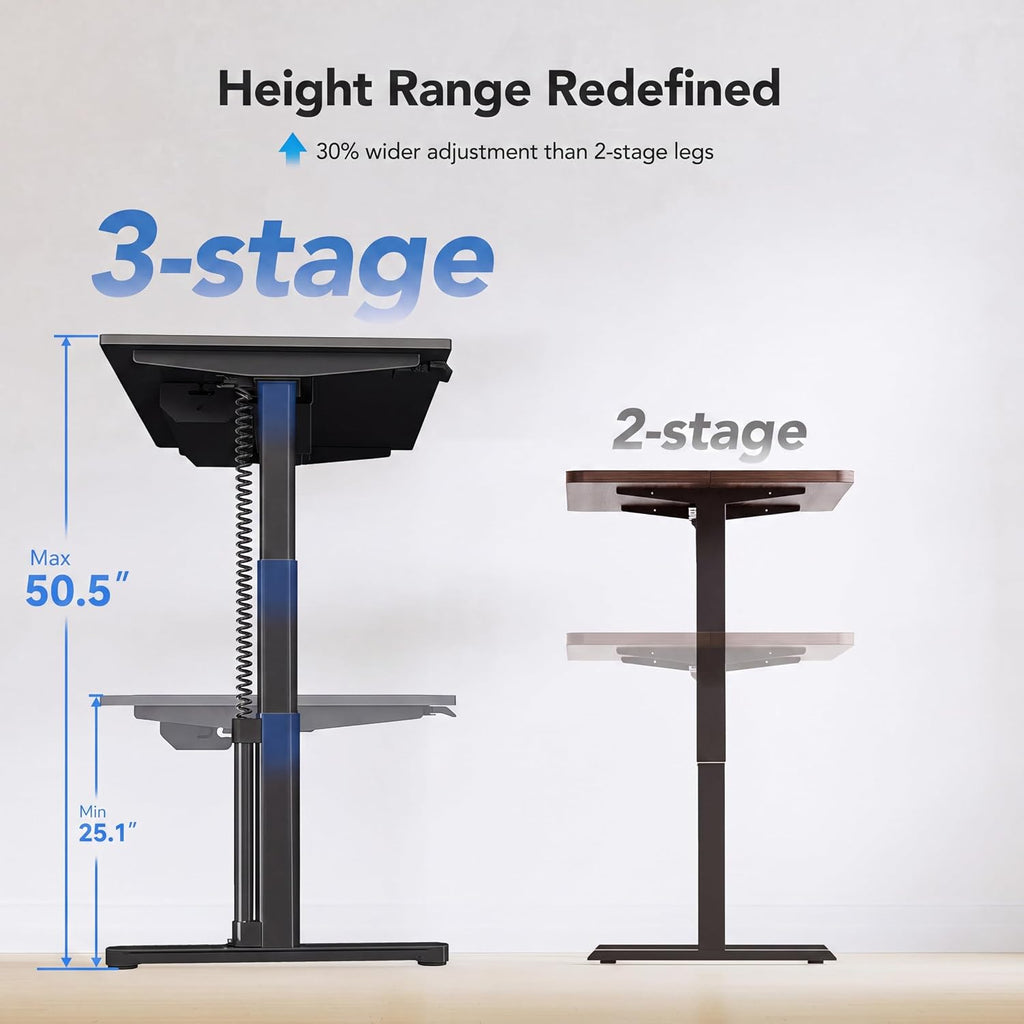 3-Stage Dual Motor Electric Standing Desk Frame, App Control, Black | 25.1"-50.5" height range,264 lb Dual-Motor
