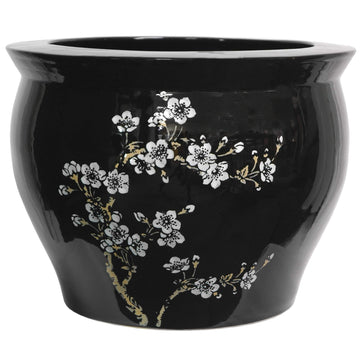 Classic Japanese Chinese Asian Ceramic Planter - 14" Plum Blossoms on Black Porcelain Pottery Fishbowl Jardiniere