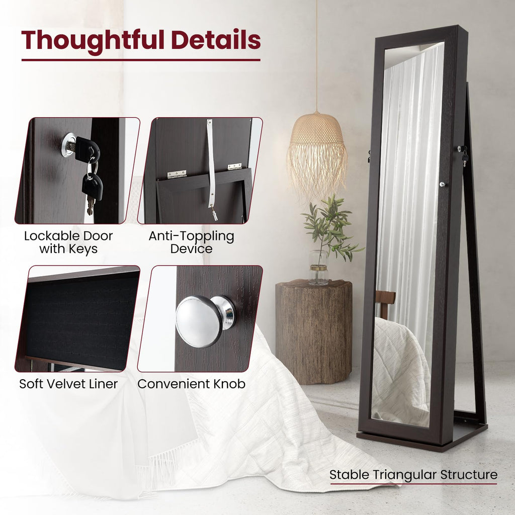 Jewelry Cabinet with Full-length Mirror, Jewelry Storage Organizer with Makeup Mirror, Back Storage Shelf, Lockable