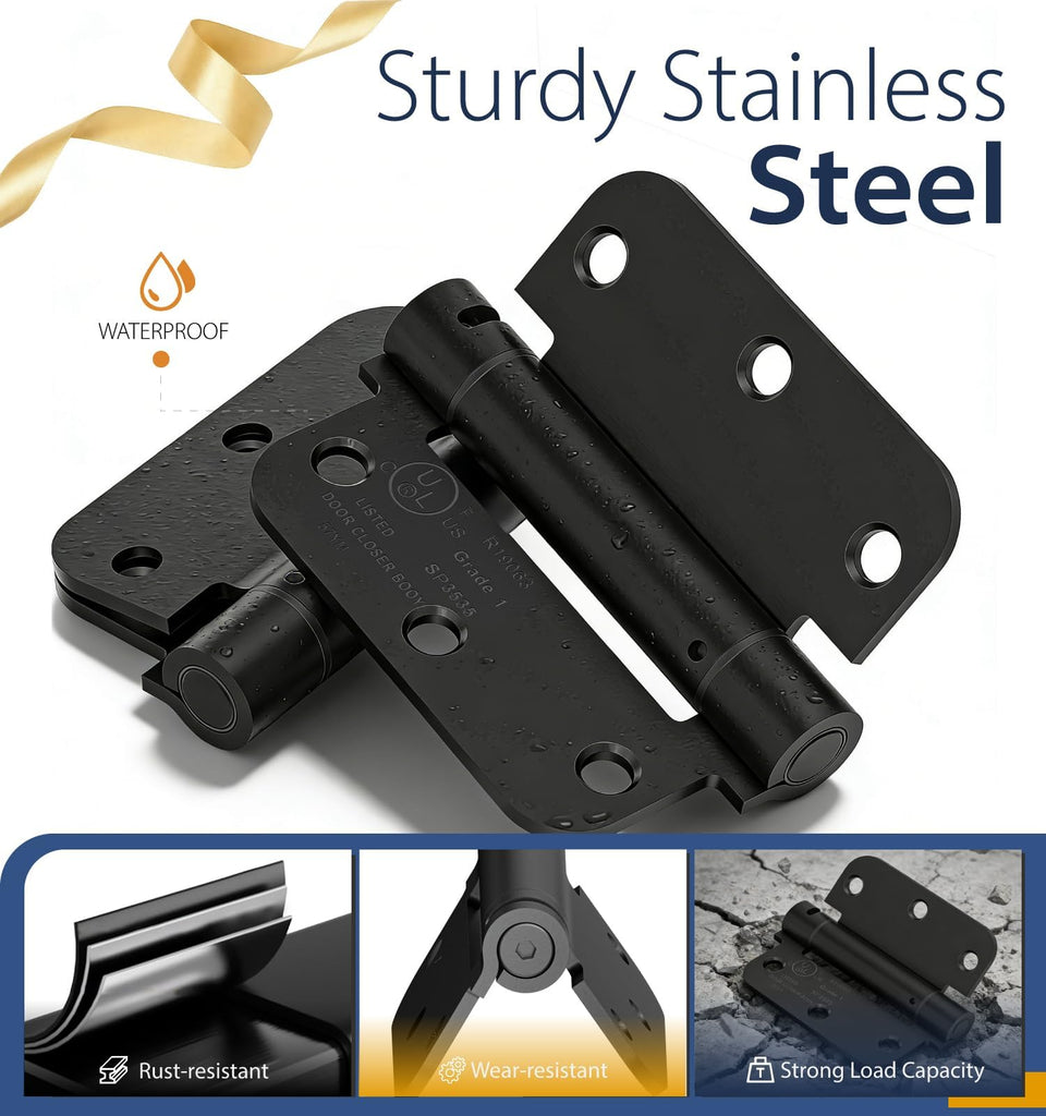 4-Pack 3.5 Inch Self Closing Door Hinges, 5/8" Radius Corners, Black