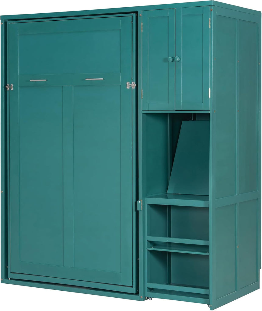 Twin Rotating Wall Murphy Beds, Wood Folding Murphy Wall Bed with Bookshelf, Top Cabinet, Extendable Desk & Side