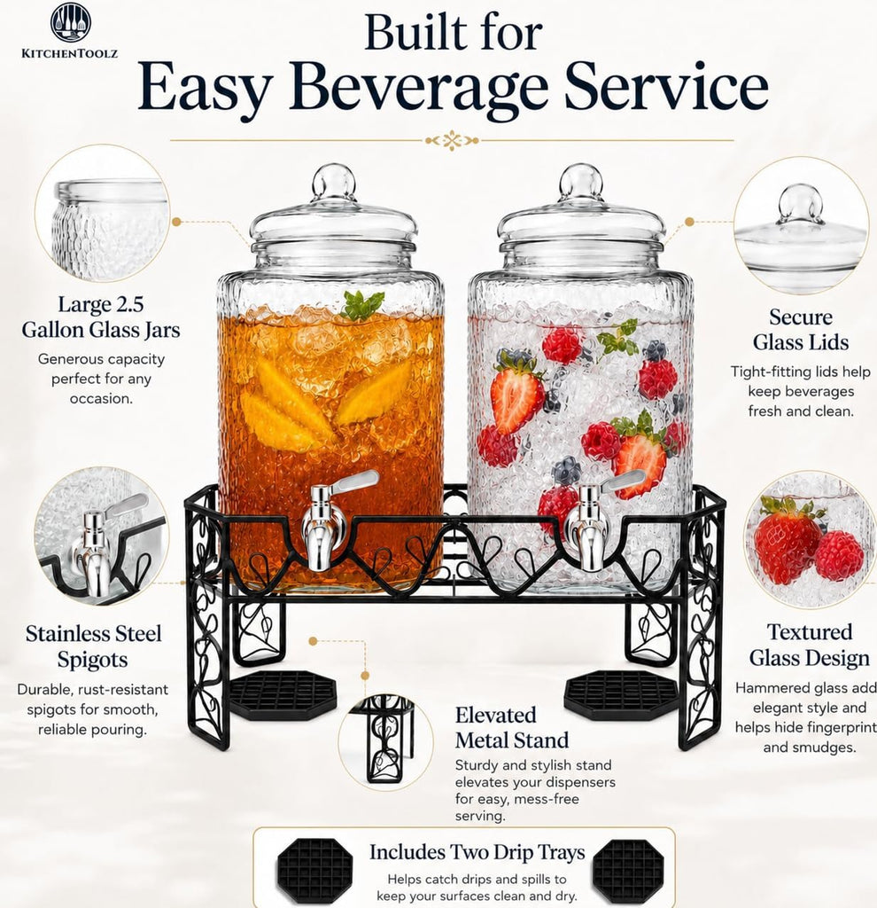 Dual 2.5 Gallon Set with Stainless Steel Spigots, Metal Stand & 2 Drip Trays - Hammered Mason Jar Style Drink
