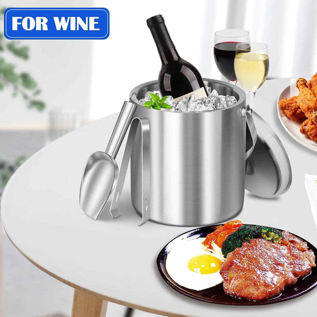 Ice Bucket with Lid & Tong- Well Made Insulated Stainless Steel Keep Ice Frozen Longer