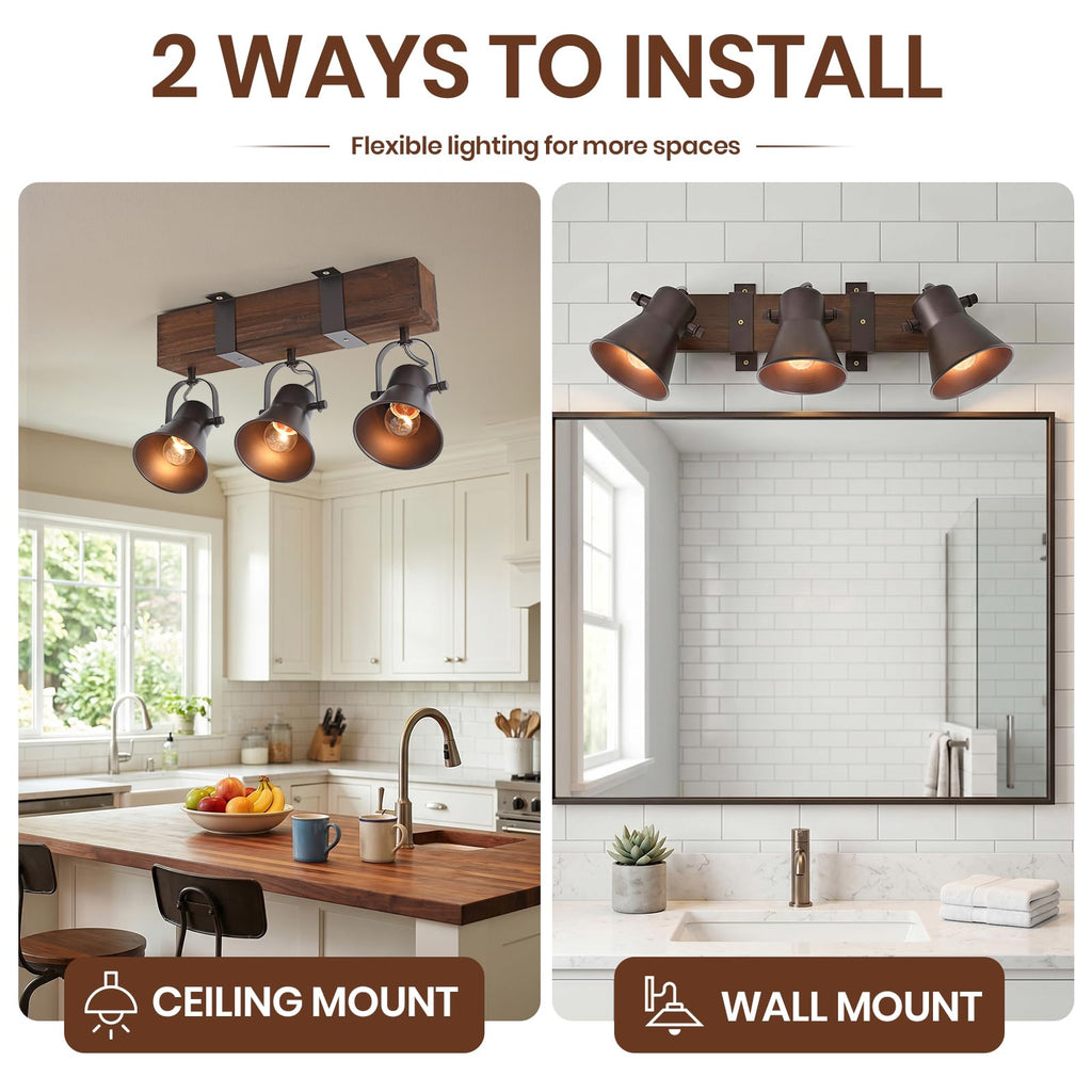 Rustic Kitchen Lights Ceiling, 3 Light Semi Flush Mount Ceiling Light, Farmhouse Wooden Track Lighting Fixtures