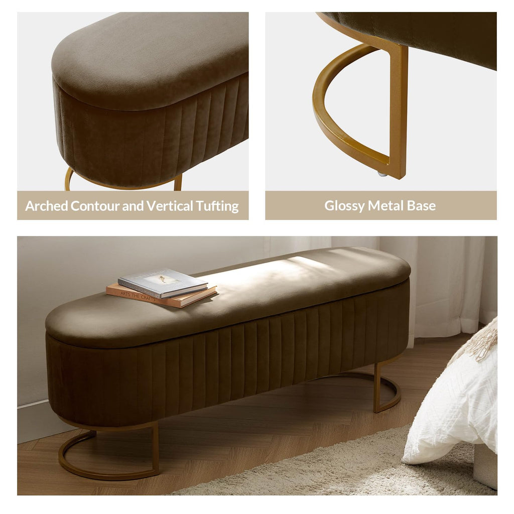 50.5" Velvet Storage Bench with Gold Legs, Modern End of Bed Bedroom Benches, Upholstered Flip Top Window Ottoman