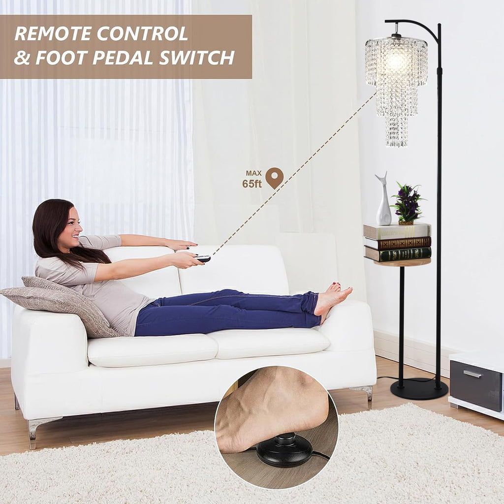 Arc Floor Lamp with Table and Shelves, Crystal Floor Lamps, Dimmable Elegant Modern LED Floor Standing Lamp with
