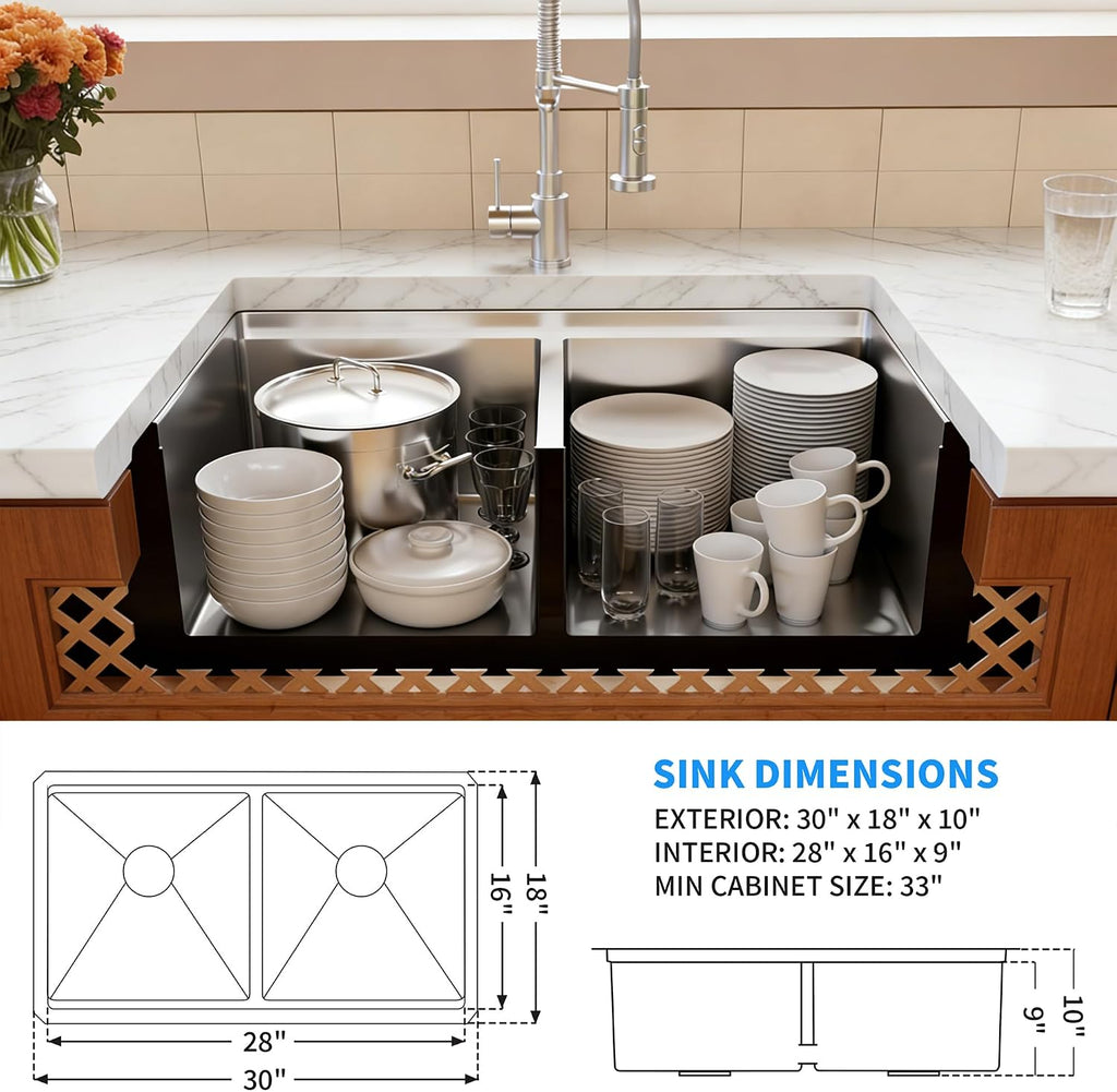 30 Inch Sink Undermount Double Bowl, 16 Gauge 50/50 Double Bowl Stainless Steel Workstation Sink, 30"x18"x10" Large