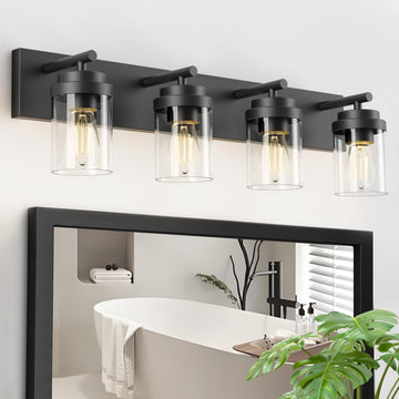 Bathroom Vanity Light Fixture, 4-Light 30 Inch Matte Black Bathroom Light Fixtures Over Mirror, with Clear Glass