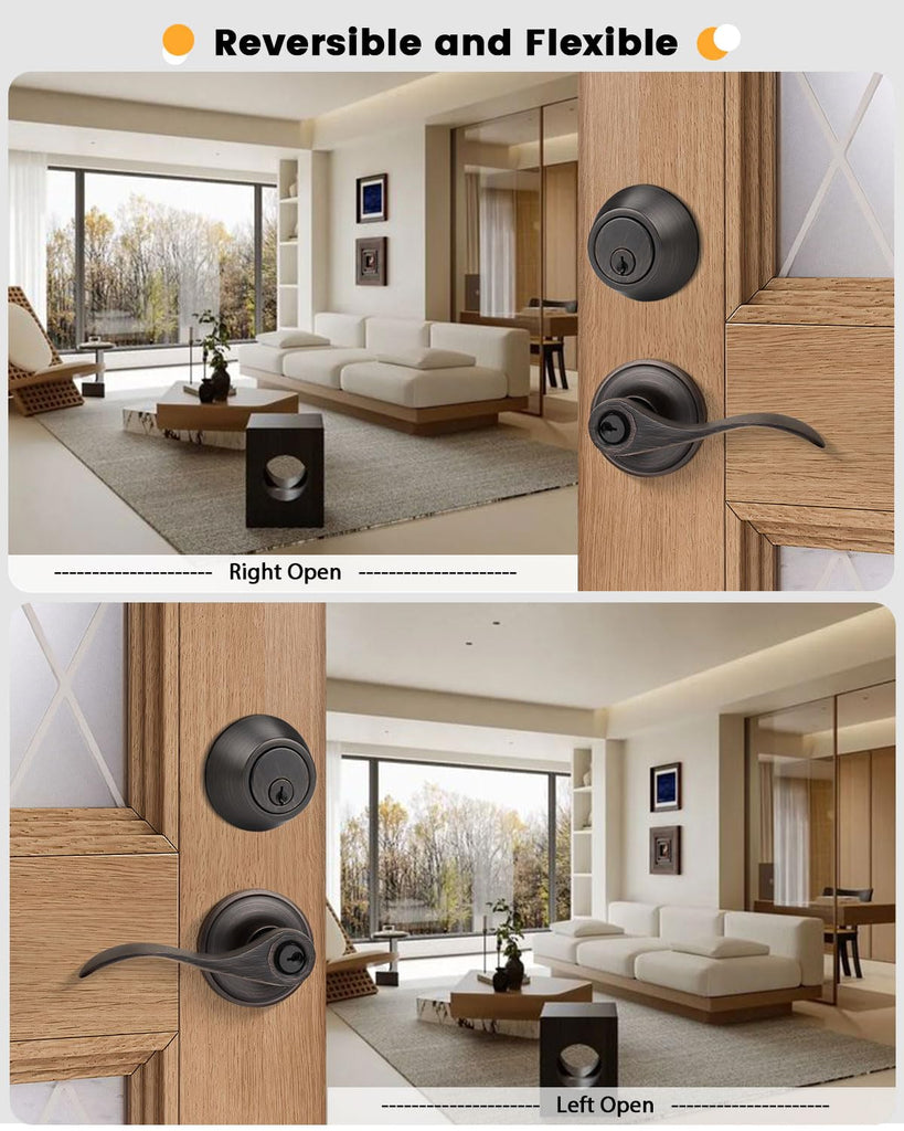 Entry Door Handle and Single Cylinder Deadbolt Combo Locksets in Oil Rubbed Bronze, 5 Pack Keyed Alike Door Lever