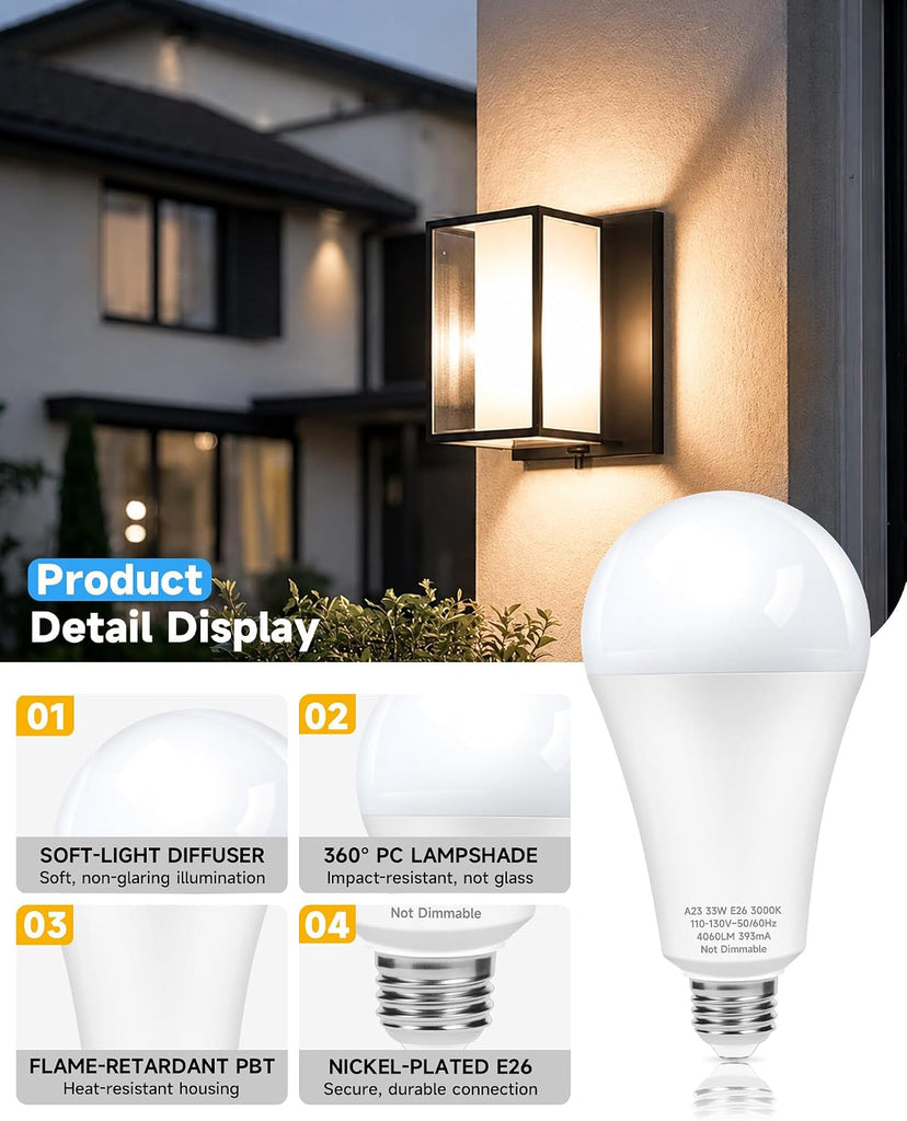 300W Equivalent Super Bright A23 LED Light Bulbs, Warm White 3000K