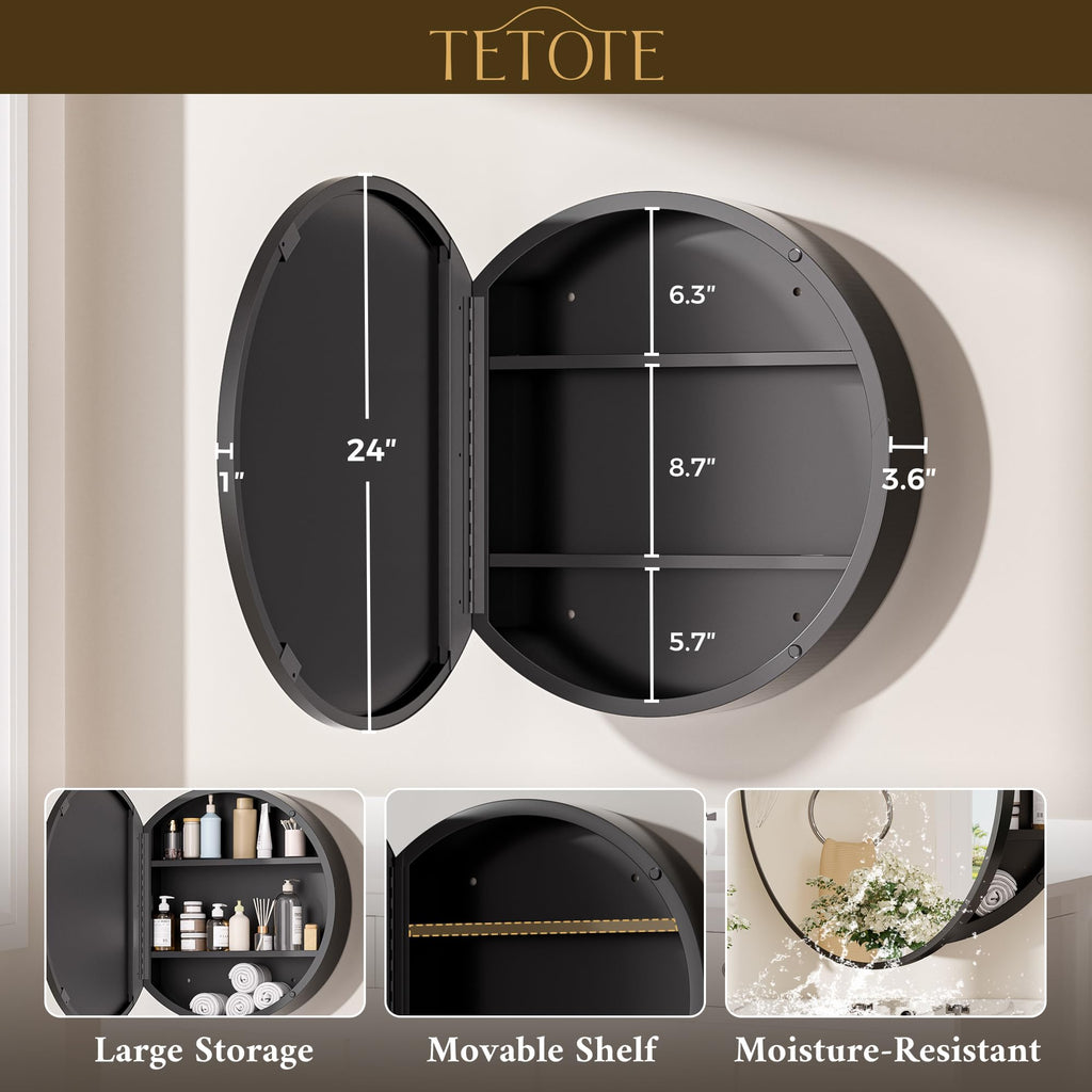 24 x 24 Inch Medicine Cabinet Mirror Black Framed Round Mirrored Medicine Cabinets Adjustable Shelves Modern Bathroom