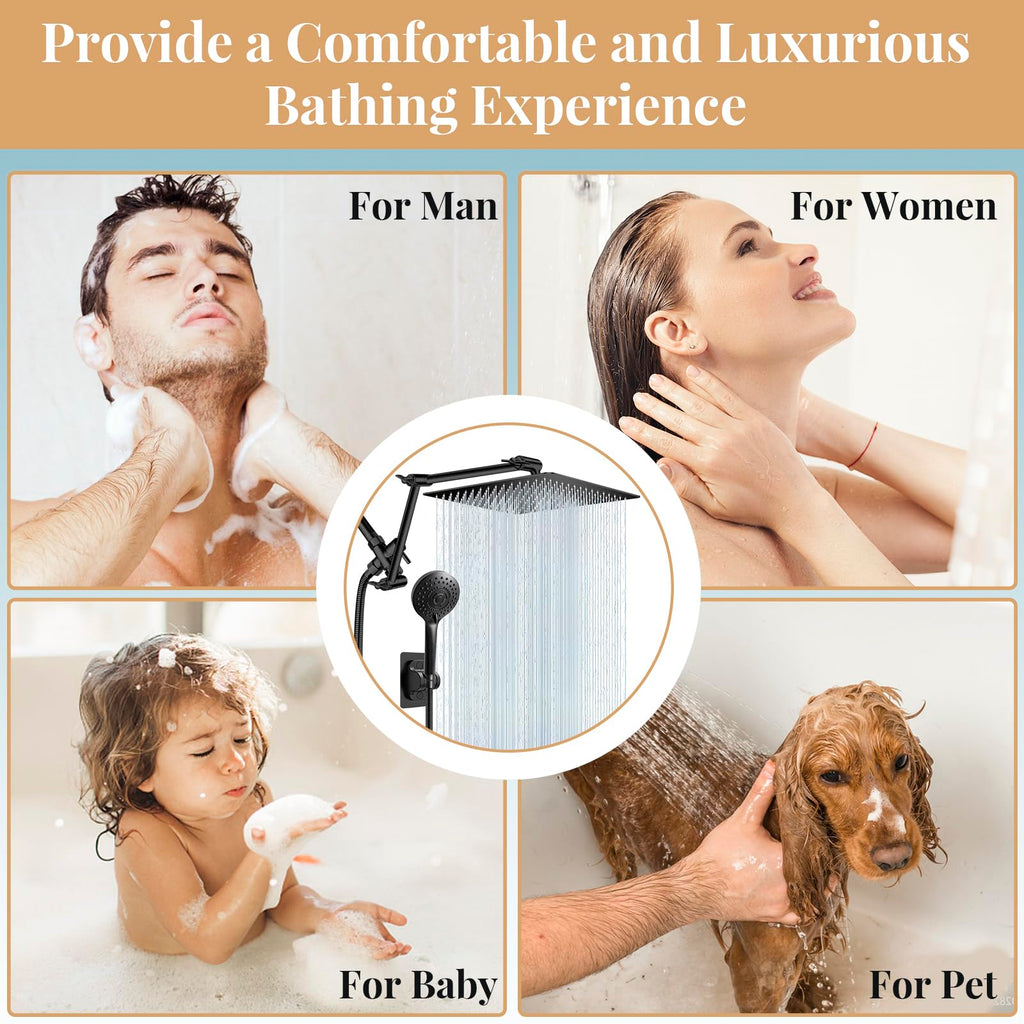 12" Black Rain Shower Head with Handheld Spray and 16" Extension Arm